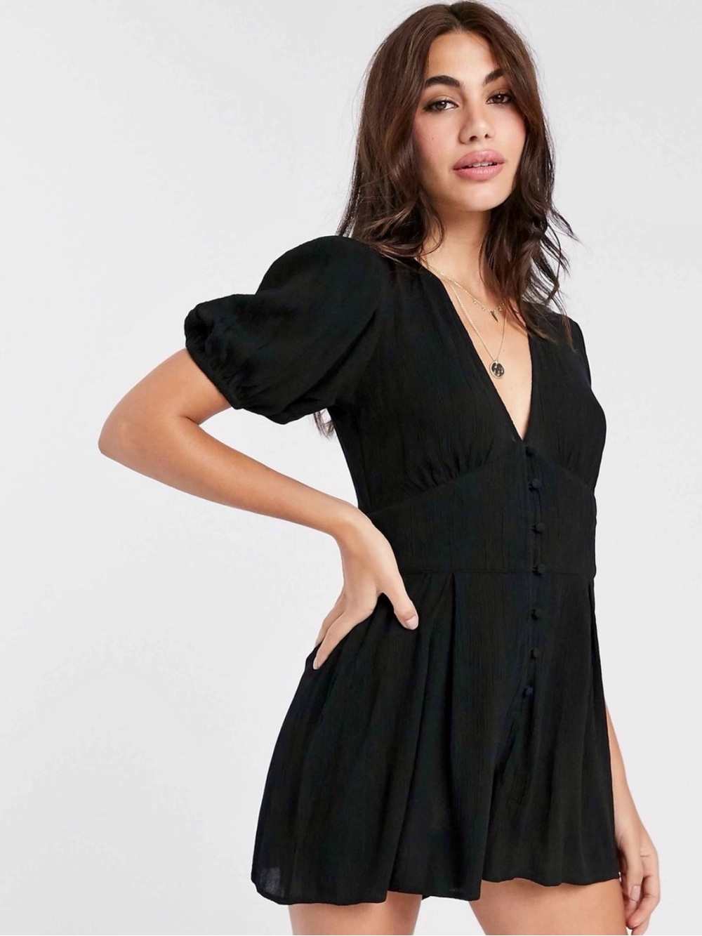 ASOS Black V-Neck Short Sleeve Romper with Button Front, Size 4